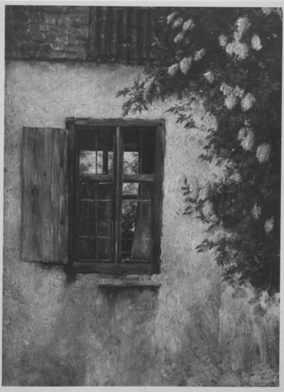 Ecke eines Landhauses mit rotverhängtem Fenster (Altes Haus mit Holunder)