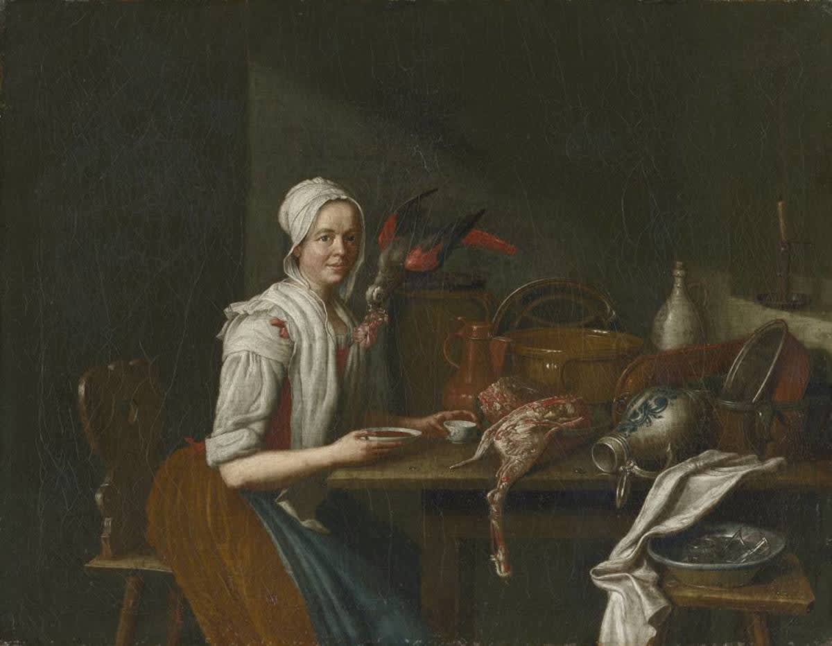 Küchenstillleben mit weiblicher Figur und Papagei