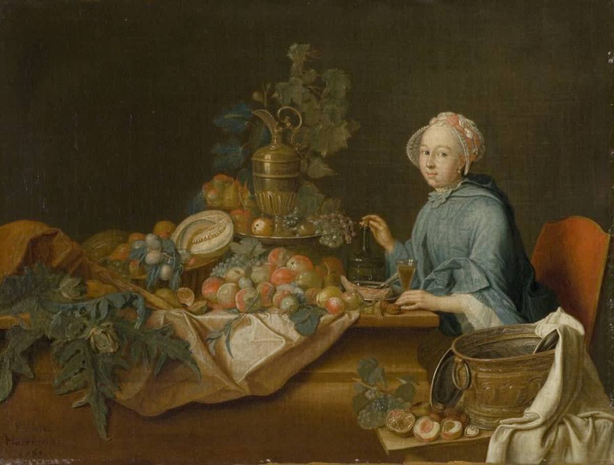 Früchtestillleben mit weiblicher Figur