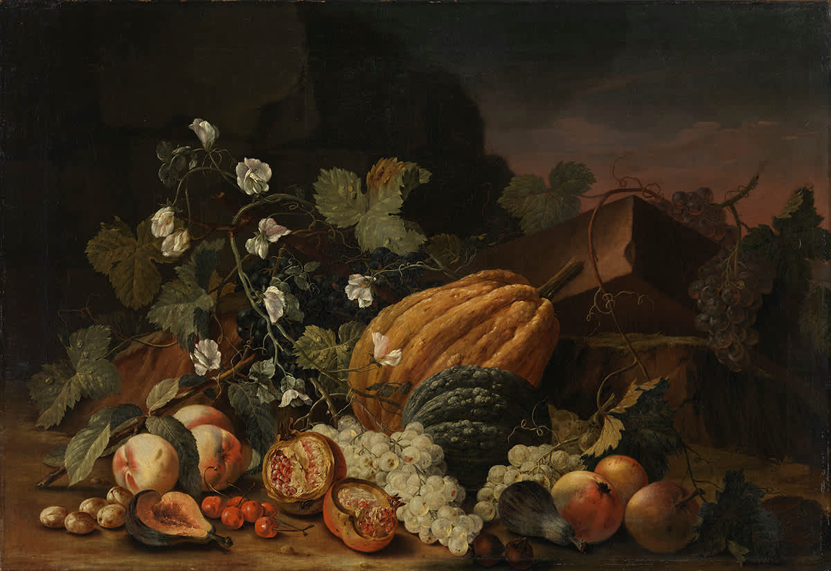 Stillleben mit Melonen und Weintrauben