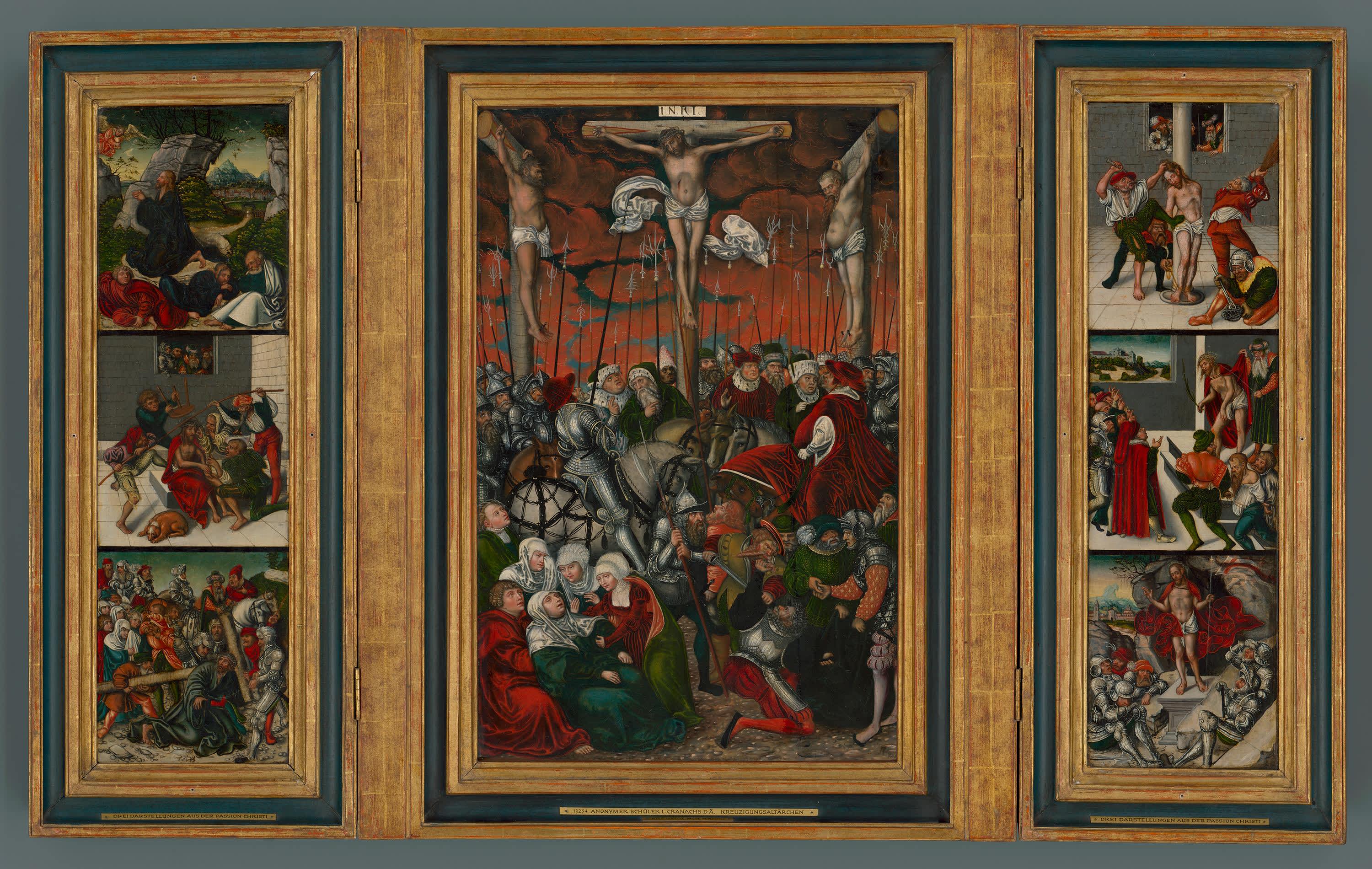 Passionstriptychon: Kreuzigung Christi, Christus am Ölberg, Dornenkrönung, Kreuztragung, Geißelung, Ecce Homo, Auferstehung
(Flügelaußenseiten: Muttergottes und Schmerzensmann)