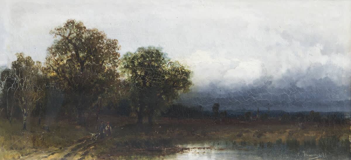 Moorlandschaft mit Bäumen und Wolkenhimmel