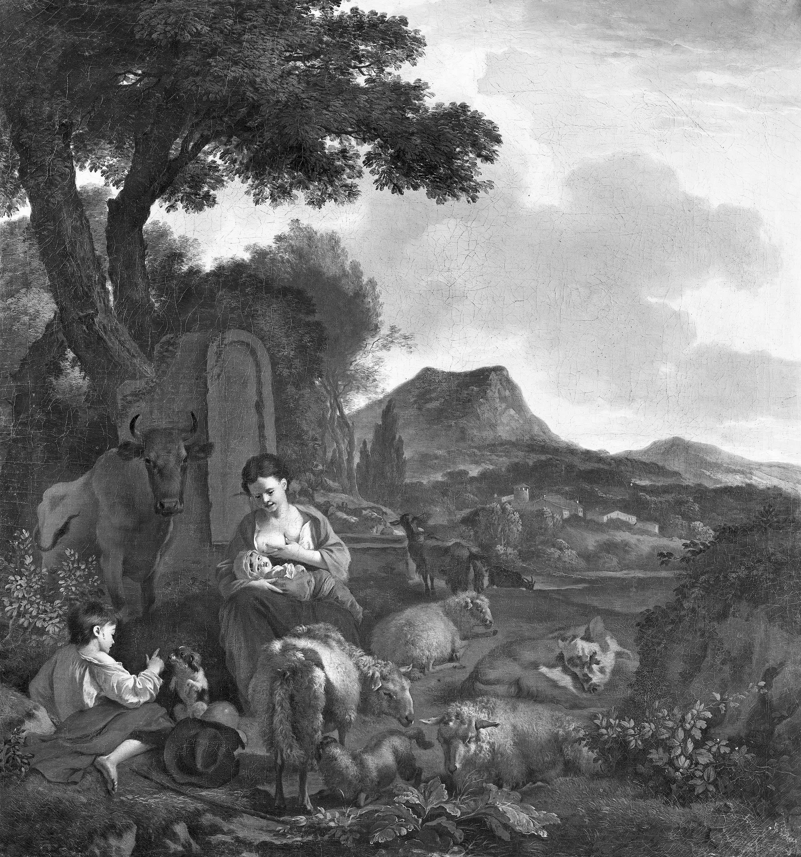 Mutter, Kind und eine Herde in der Landschaft