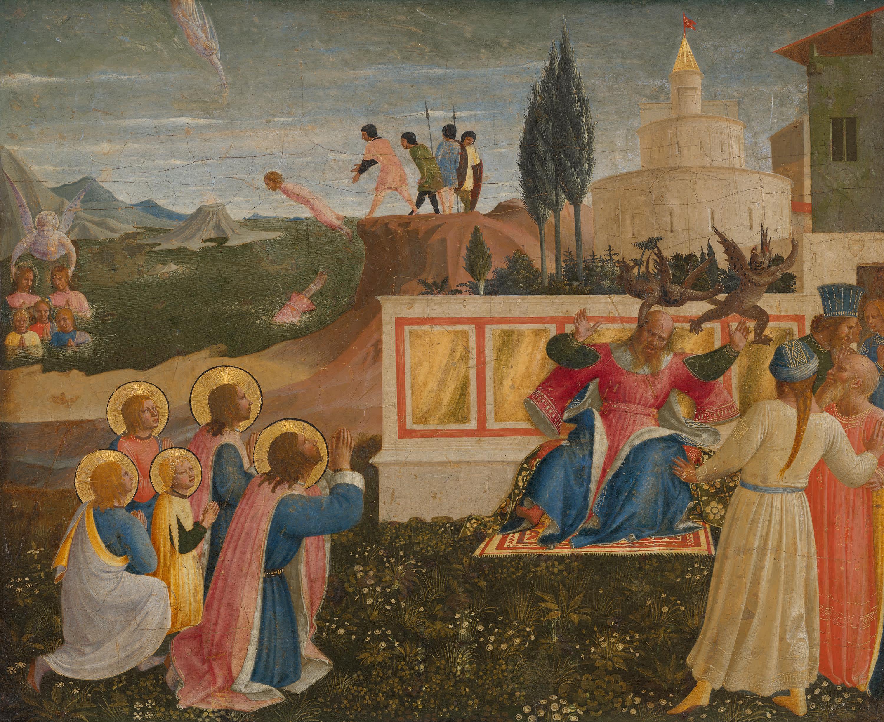 Die hll. Cosmas und Damian und ihre Brüder werden ins Meer gestürzt, von einem Engel errettet und befreien Lysias von Dämonen