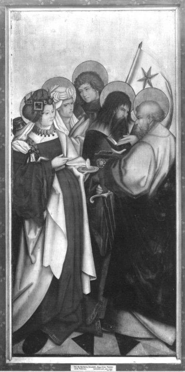 Altarflügel aus Seifriedsberg: Hll. Barbara, Elisabeth, Mauritius, Paulus, Petrus
Rückseite: Hll. Dorothea, Sebastian, Nikolaus, Agnes, Philippus