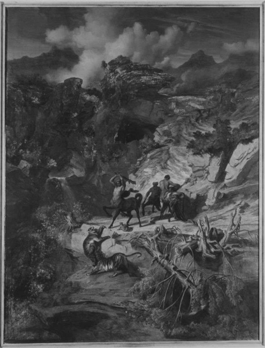 Felsenlandschaft, Kentauren kämpfen mit Leoparden