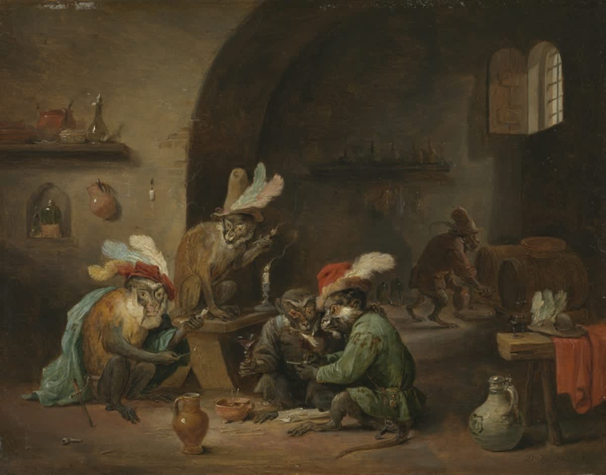 Rauchende und trinkende Affen in einem Weinkeller