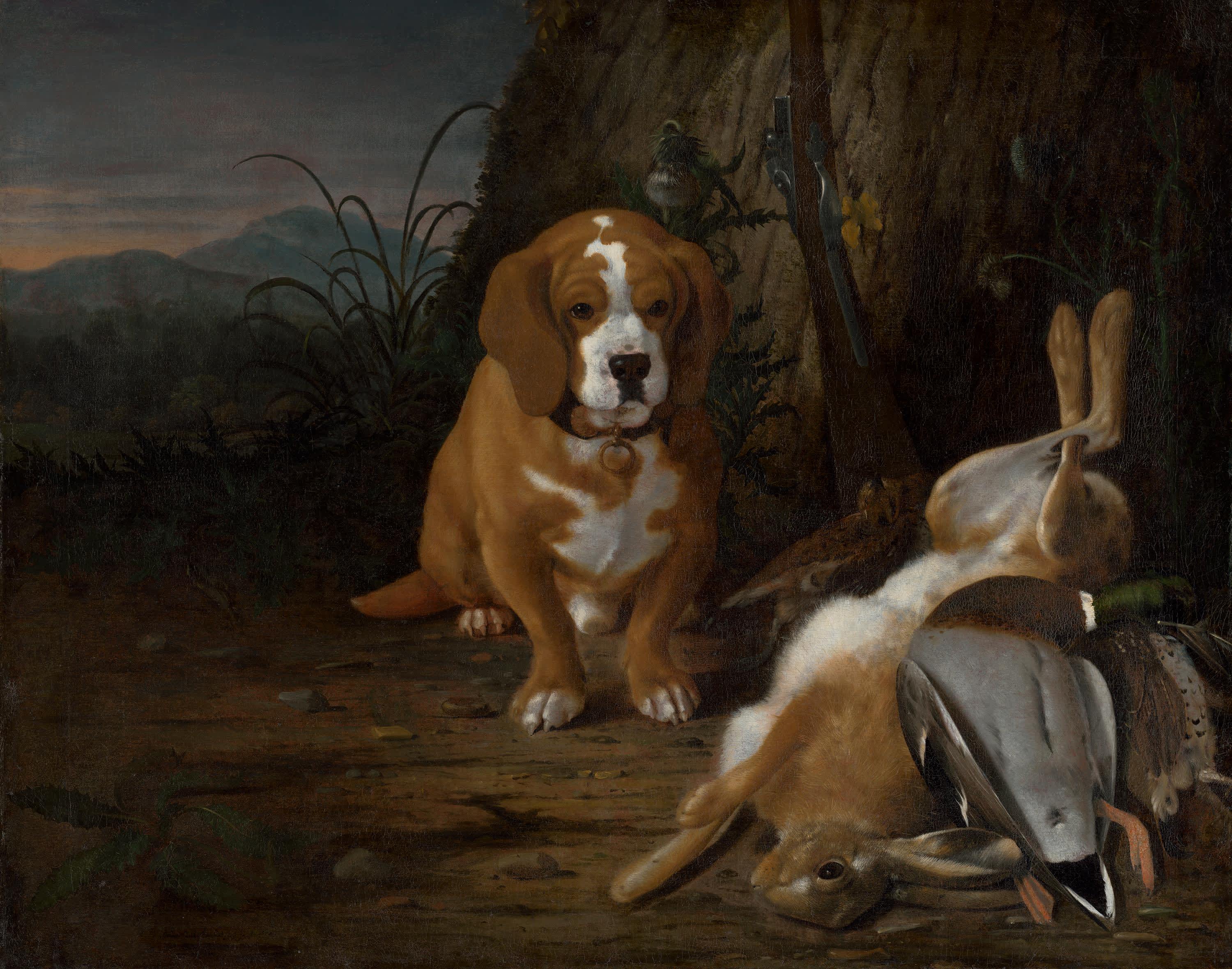 Dachshund mit totem Hasen und Wildente