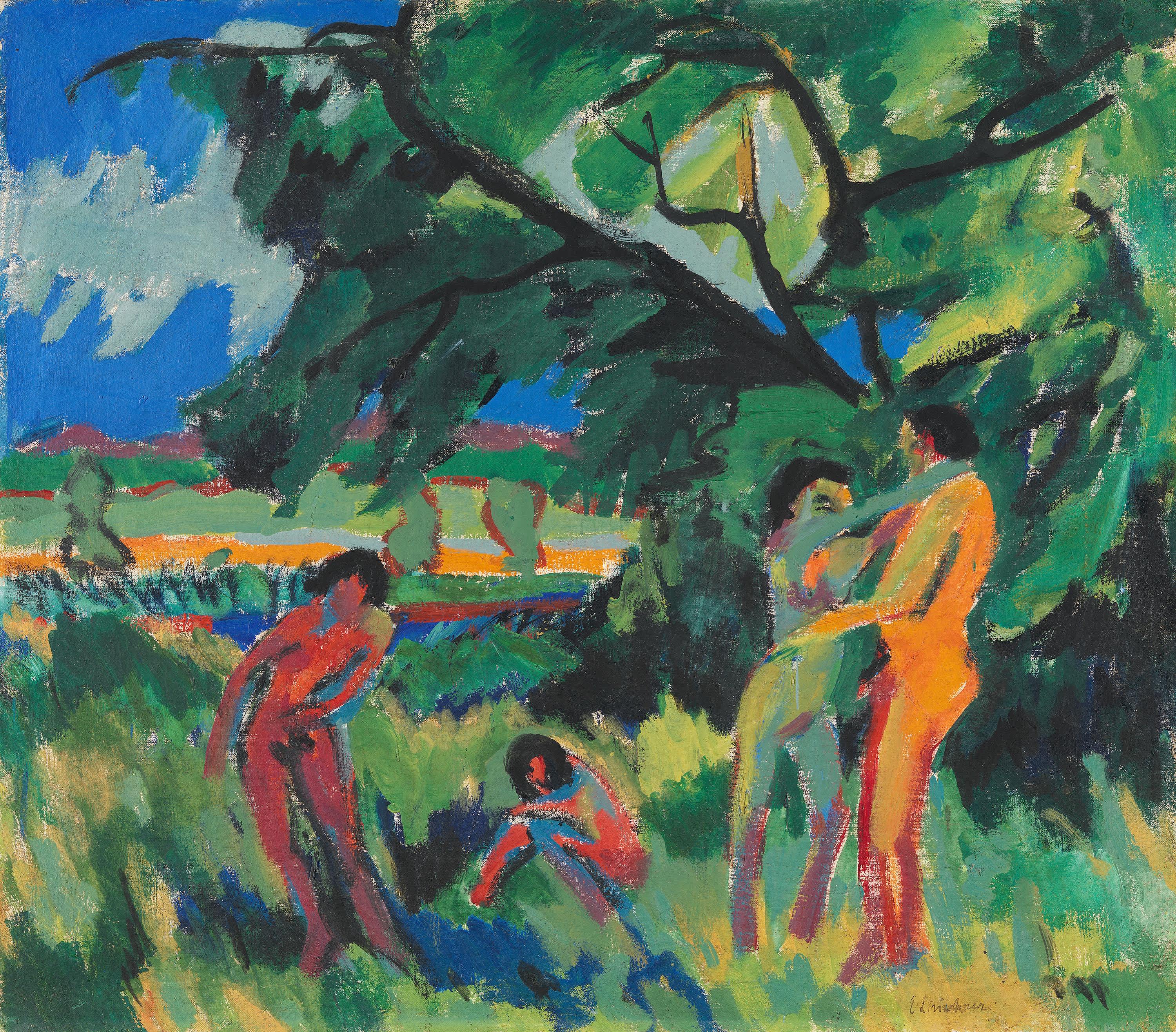 Spielende nackte Menschen unter Baum