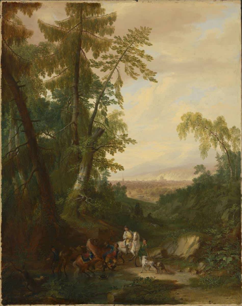 Landschaft mit Reitern in einem Hohlweg