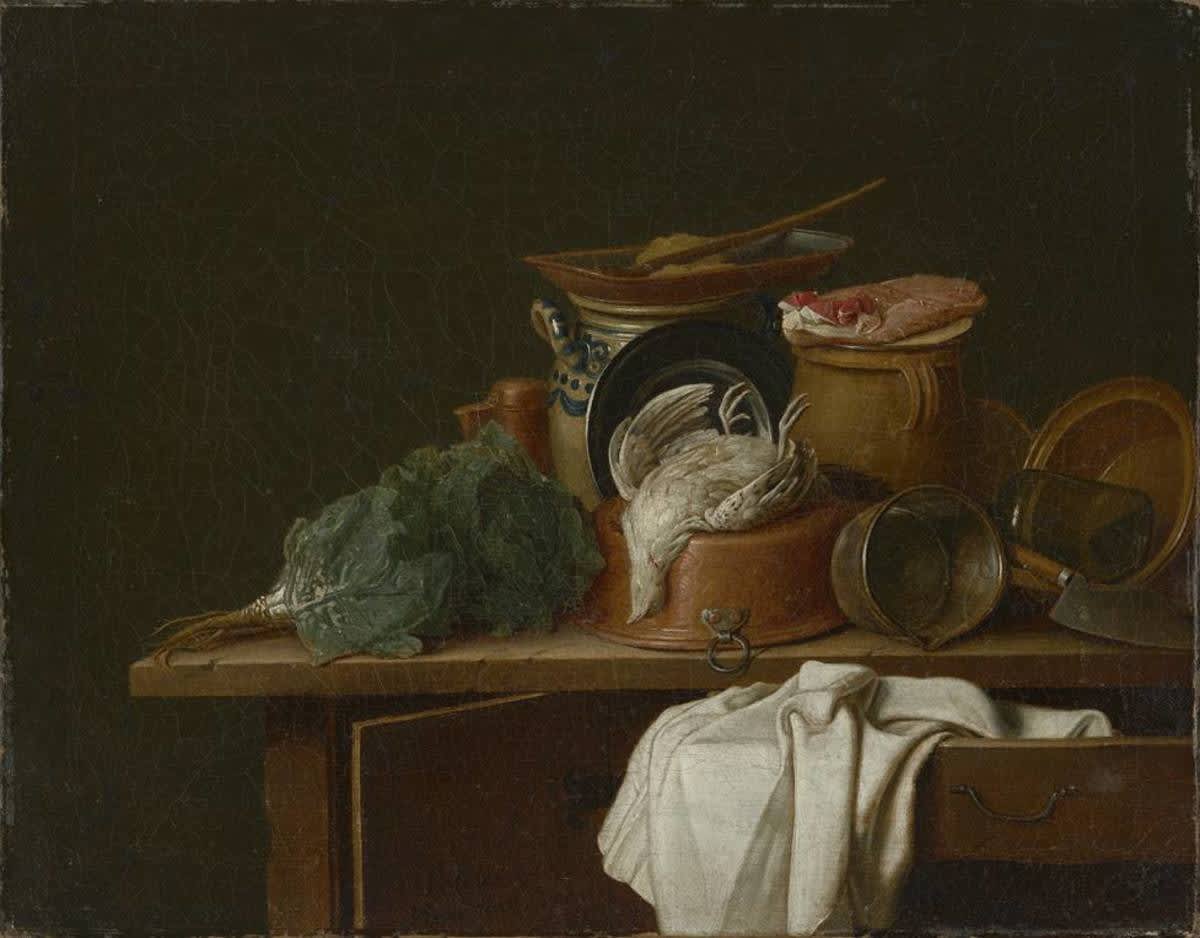 Stillleben mit Küchengeschirr und totem Rebhuhn