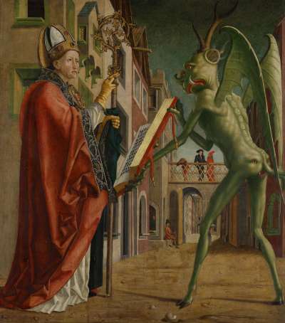 Kirchenväteraltar, Außenseite des rechten Flügels (oben): Der Teufel weist dem hl. Augustinus das Buch der Laster vor