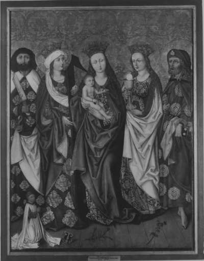 Epitaph für den Nürnberger Magister Jodokus Krell (gest. 1483): Maria mit den hll. Bartholomäus, Helena, Barbara und dem Stifter