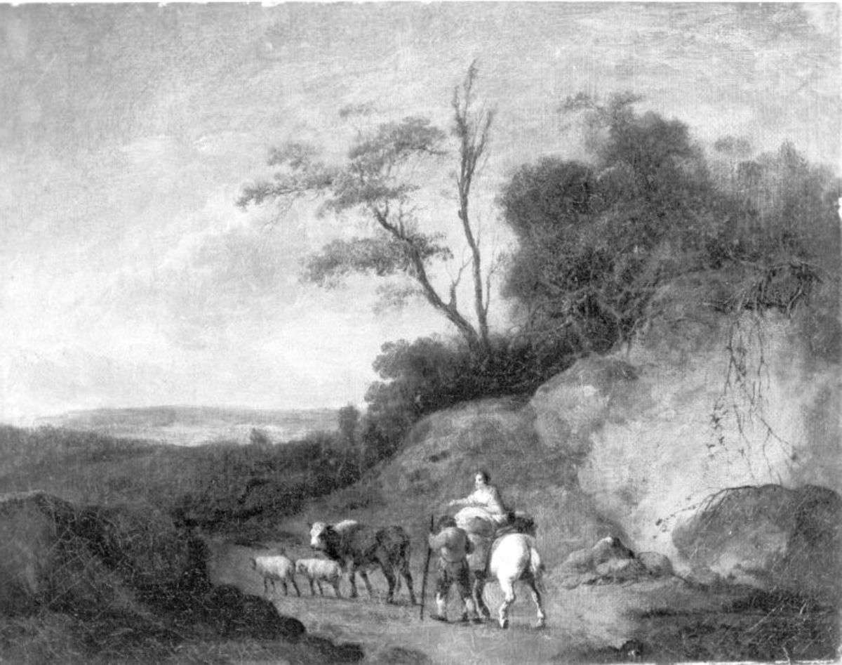 Landschaft mit Mann und Frau auf Schimmel