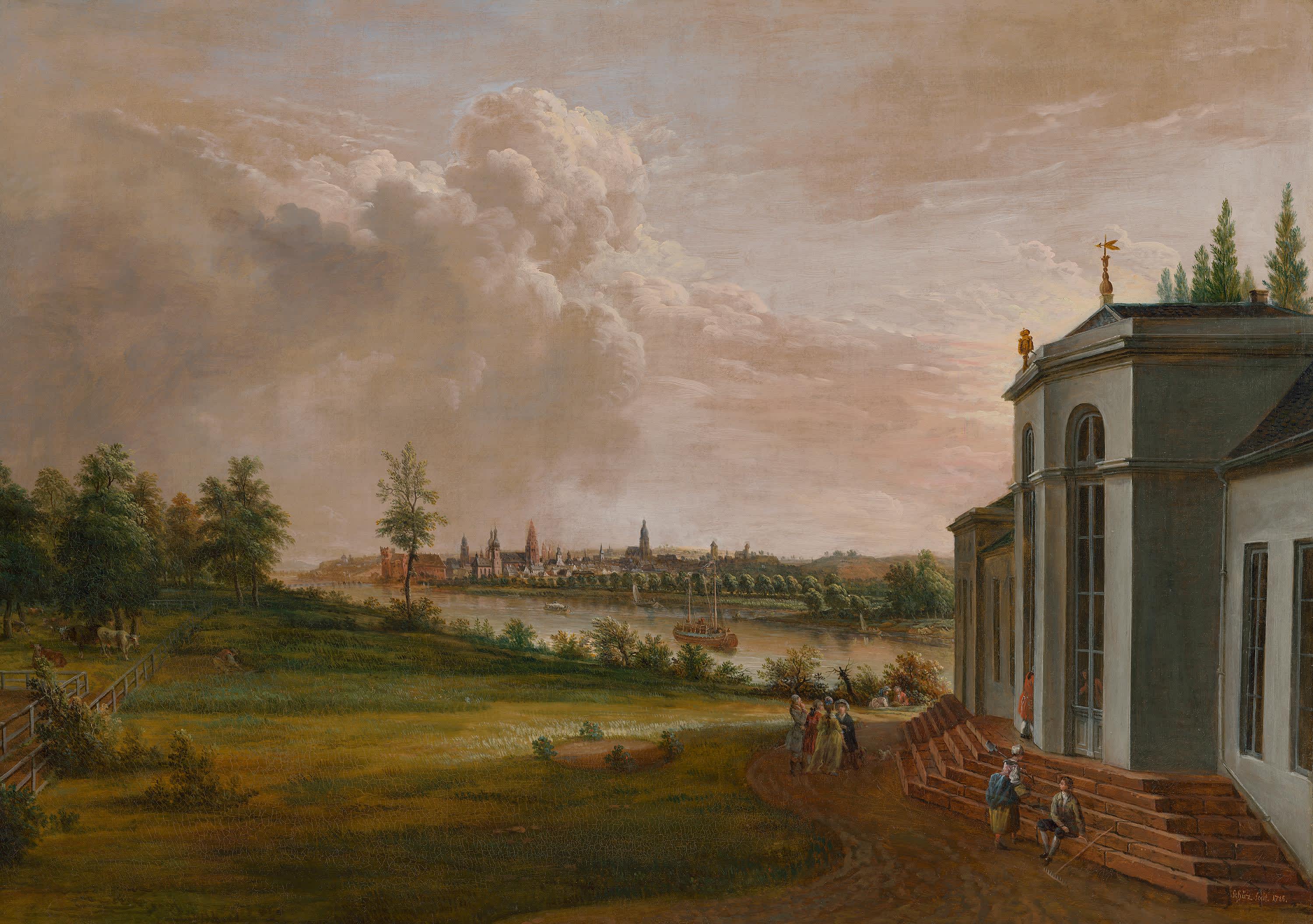 Blick auf Mainz von der Petersaue mit dem kurfürstlichen Lustschloss