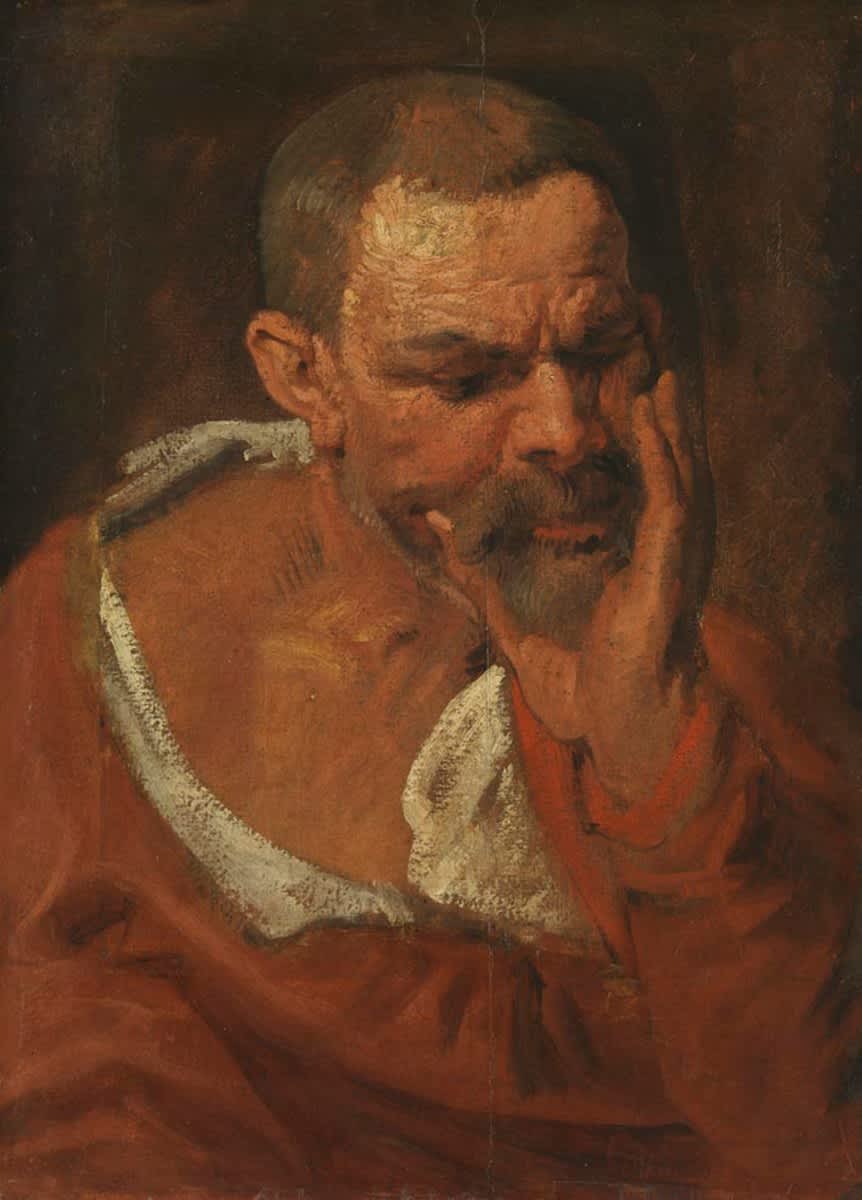 Studienkopf eines nach rechts unten blickenden Mannes, der sein Kinn in die Hand stützt