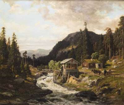 Gebirgslandschaft mit Fluss und Sägewerk