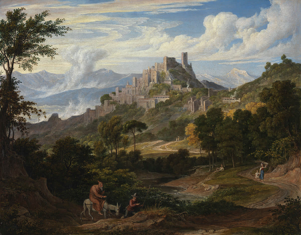 Landschaft bei Olevano mit reitendem Mönch