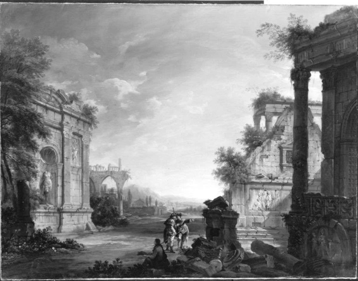 Ruinen vor einer Flusslandschaft