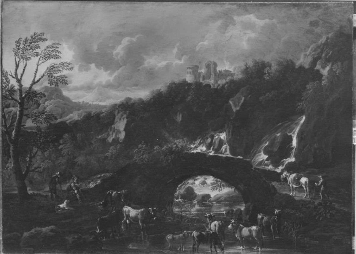 Italienische Ideallandschaft mit Vieh und Brücke