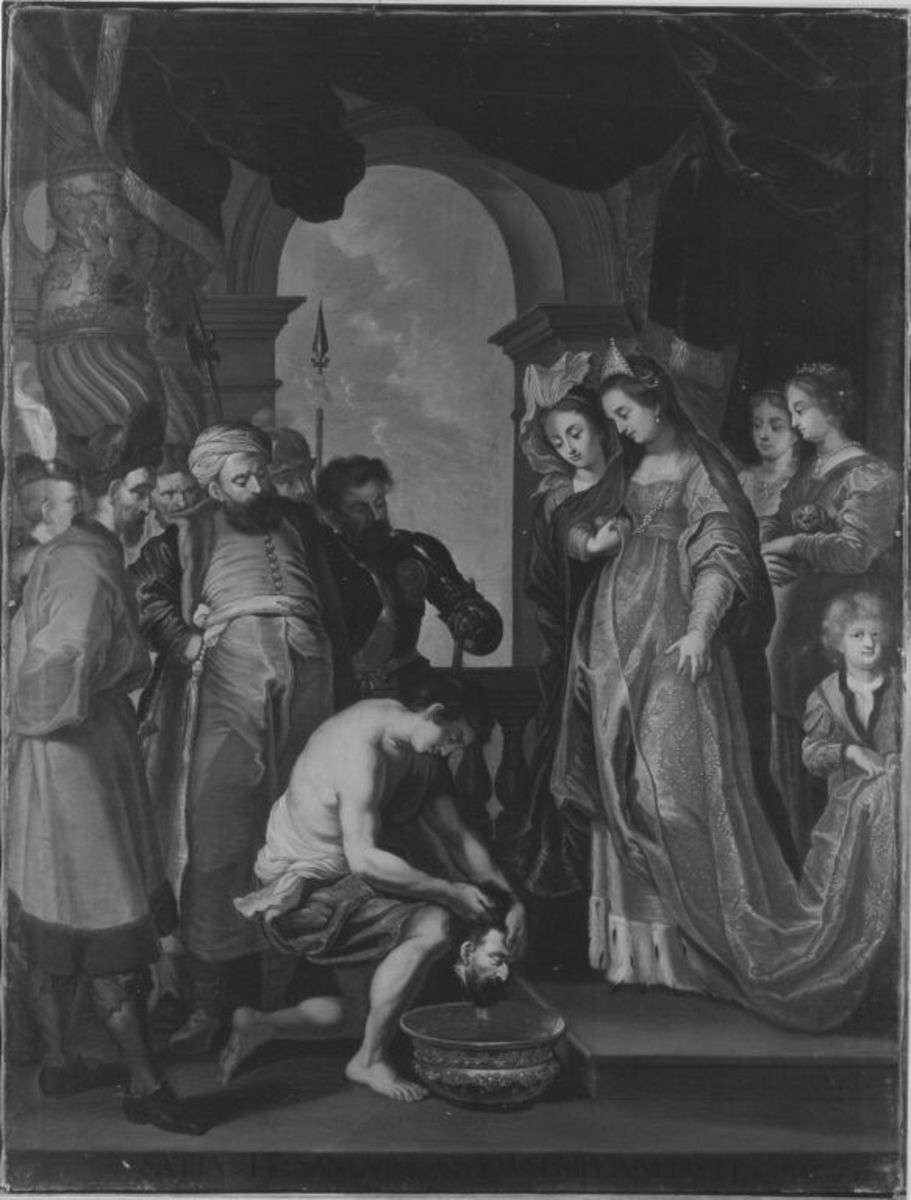 Tomyris lässt das Haupt des Cyrus in Blut tauchen (nach dem Stich von Paulus Pontius)