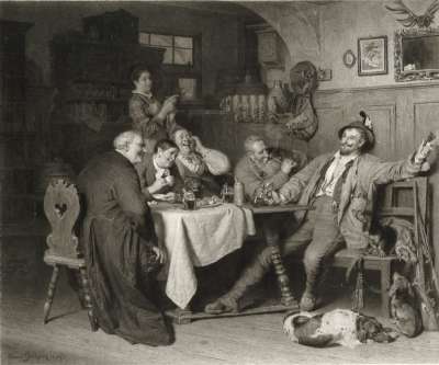 Jägerlatein (Holzstich von Johannes Burger nach einem Gemälde von Eduard Grützner aus dem Jahr 1873)