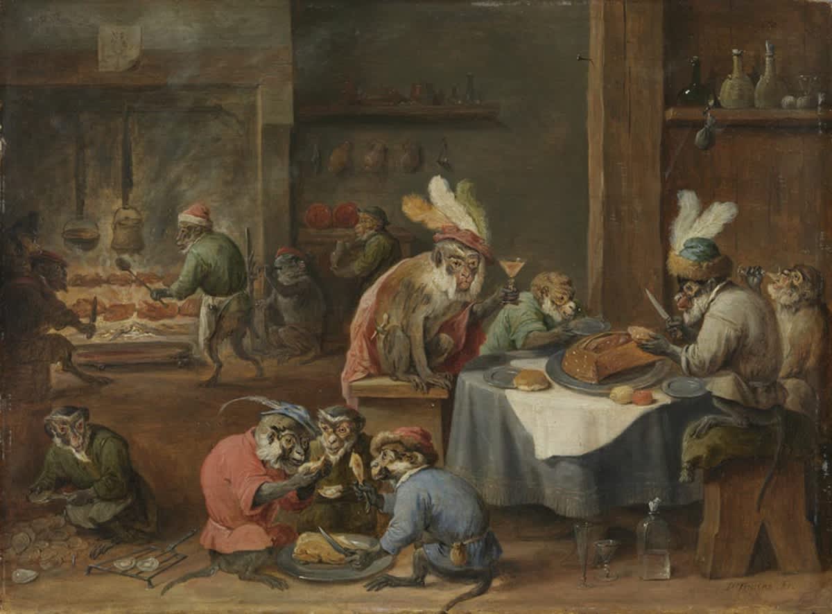 Speisende Affen in einer Küche