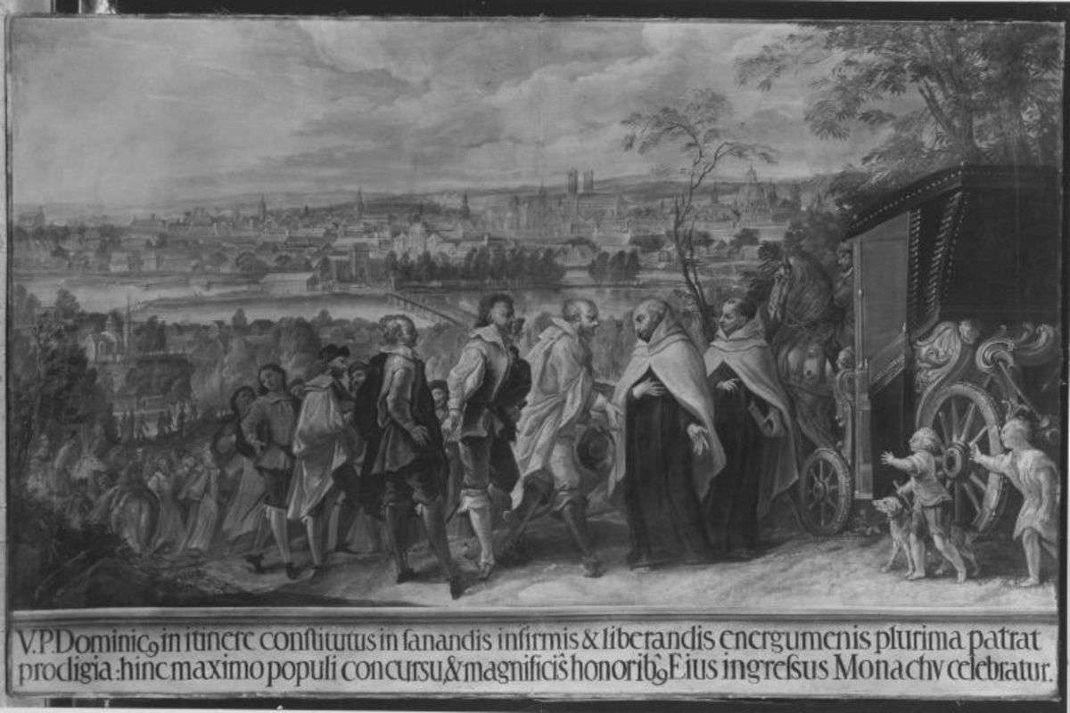 Pater Dominicus mit einem Ordensgenossen den Hofwagen verlassend