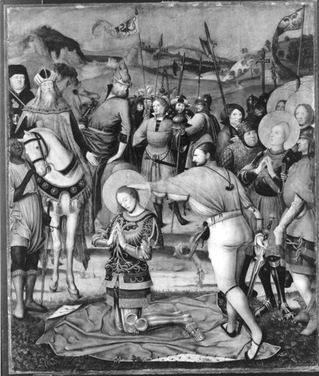 Kreuzigungsaltar: Martyrium des hl. Mauritius
Außenseite: Maria mit Kind auf der Mondsichel mit hl. Äbtissin