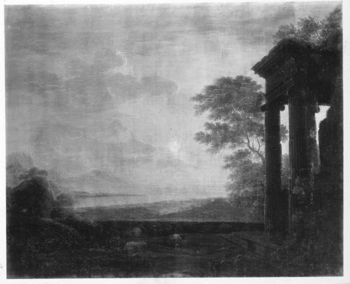 Landschaft mit Tempelruine bei Sonnenaufgang