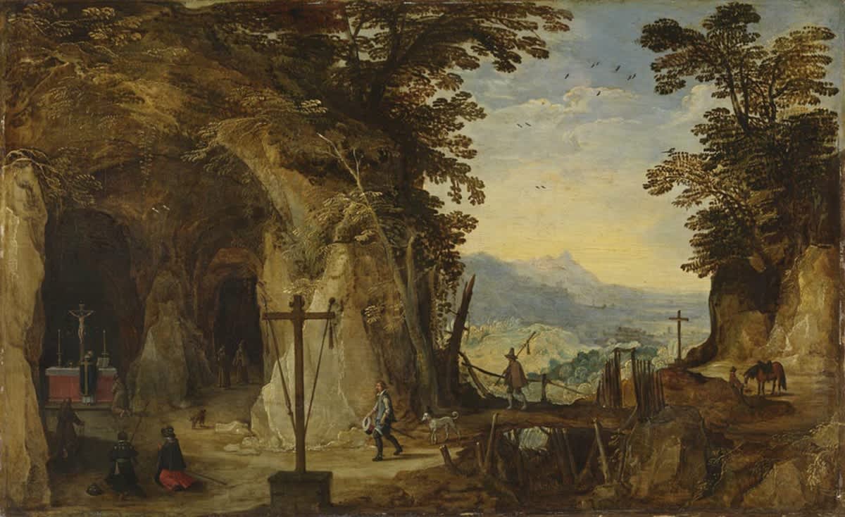 Landschaft mit Felskapelle und Pilgern