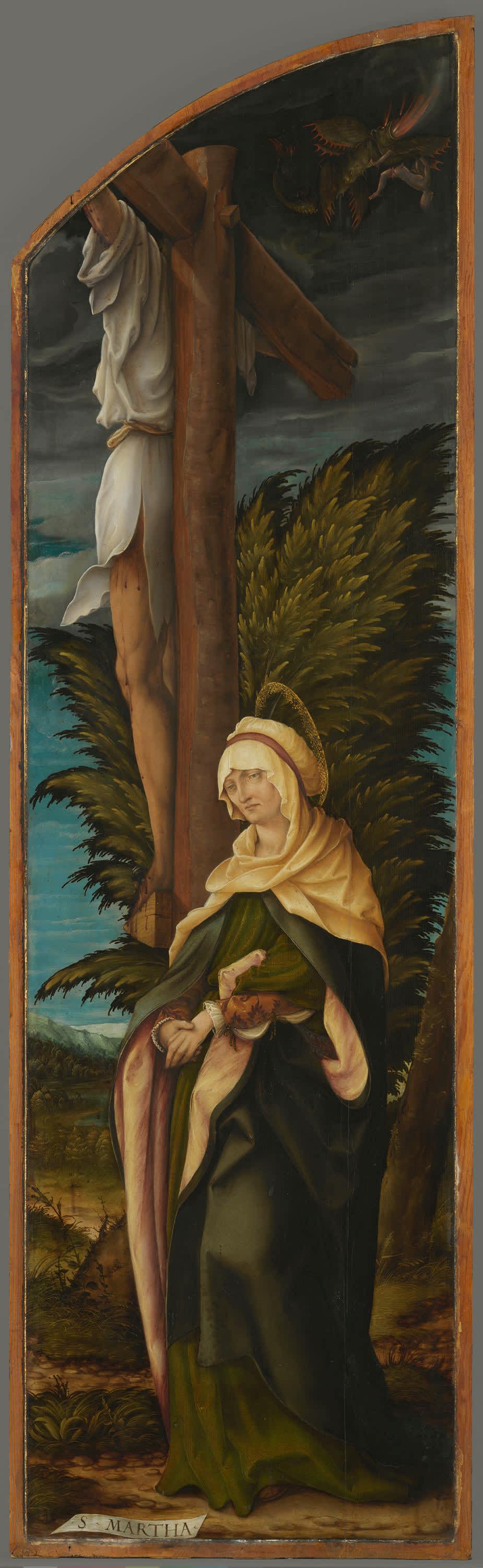 Kreuzigungsaltar, rechter Flügel: Der unbußfertige Schächer und die hl. Martha