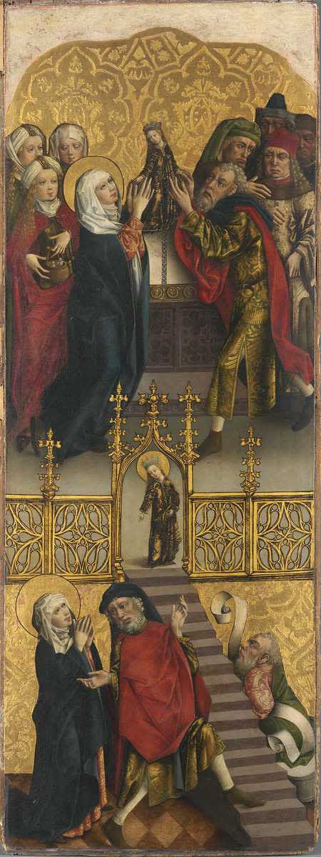 Flügel eines Altares: Tempelgang und Opferung Mariens
Rückseite: Engel der Verkündigung