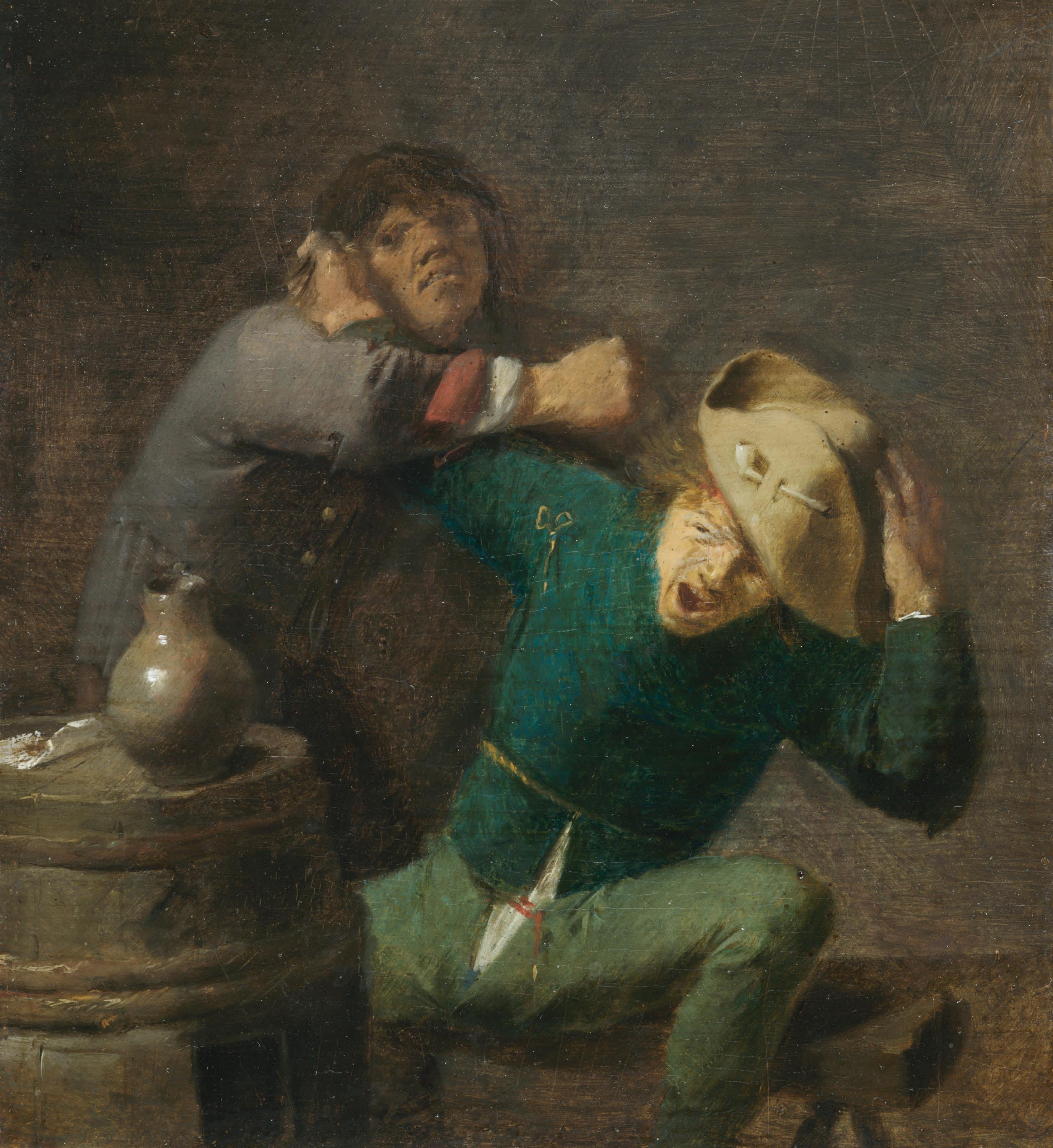 Zwei raufende Bauern am Fass