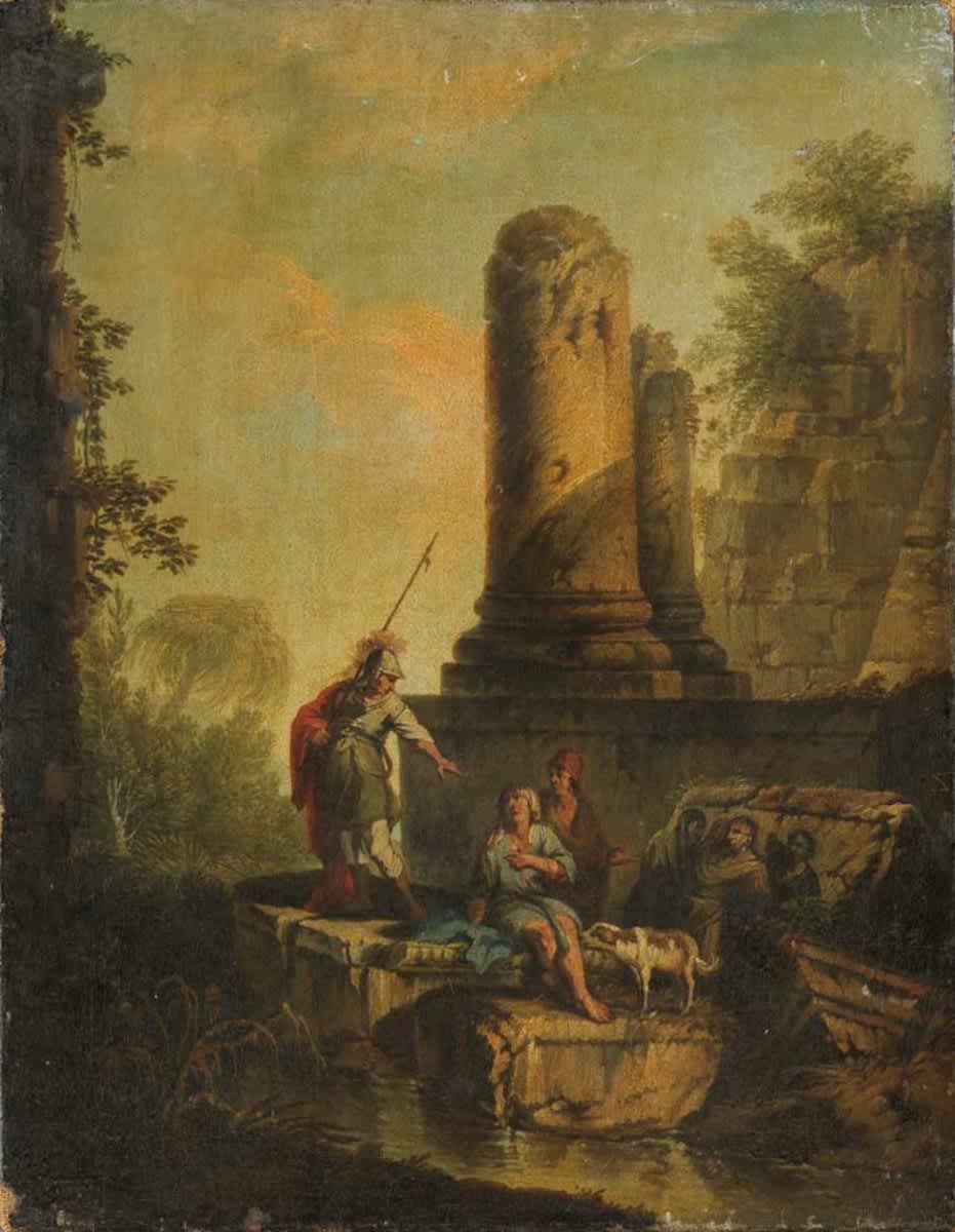 Architekturbild mit zwei Bettlern, Soldat und Hund