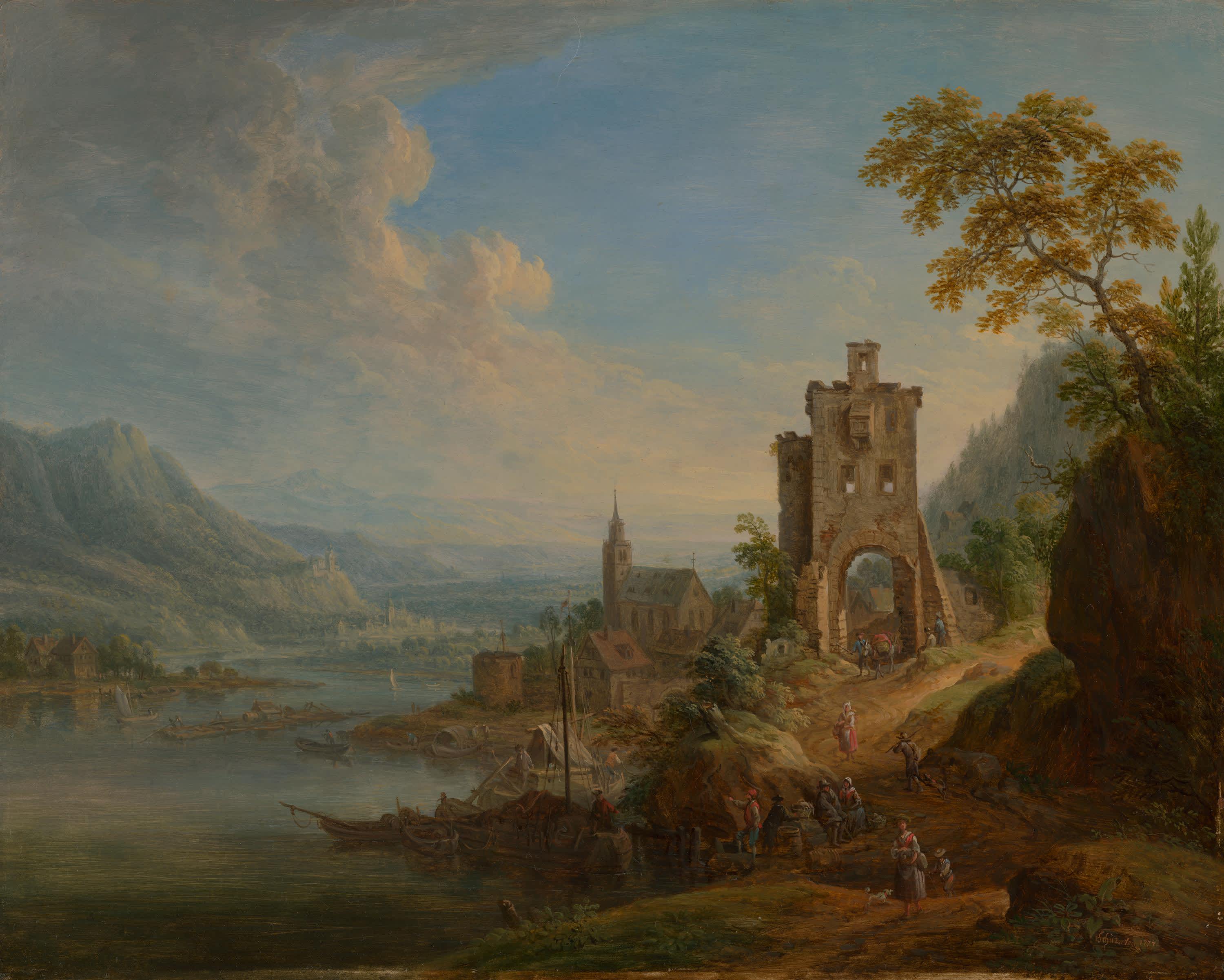 Flusslandschaft mit verfallenem Stadttor