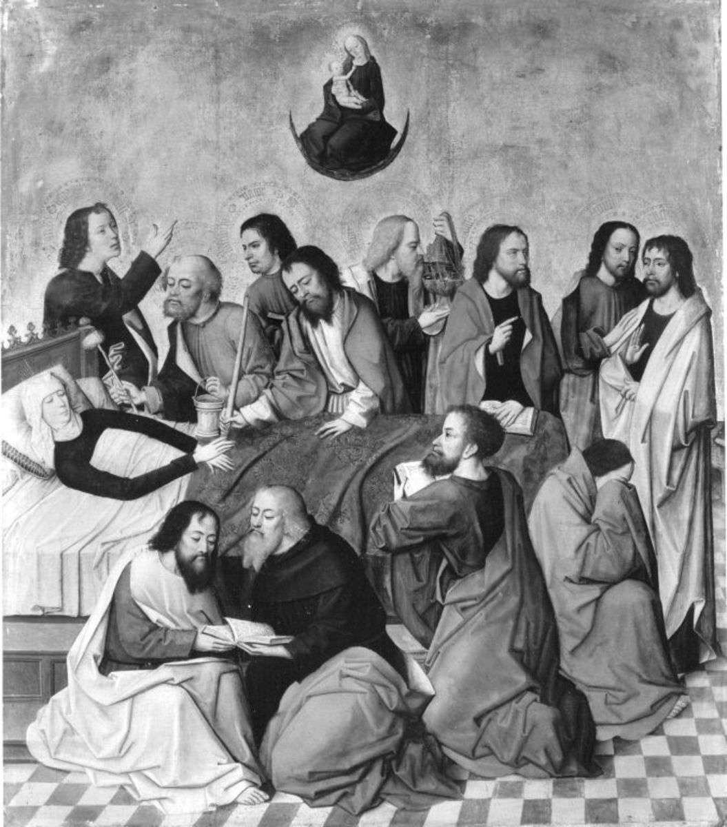 Tafeln eines Flügelaltares: Tod Mariens
Rückseite: Predigt Johannes d. T.