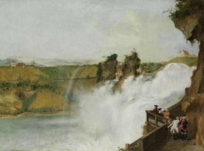 Der Rheinfall bei Schaffhausen mit Kurfürst Karl Theodor von der Pfalz und Gefolge