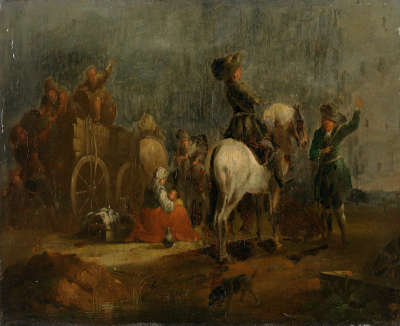 Fahrendes Volk mit Reiter bei der Rast