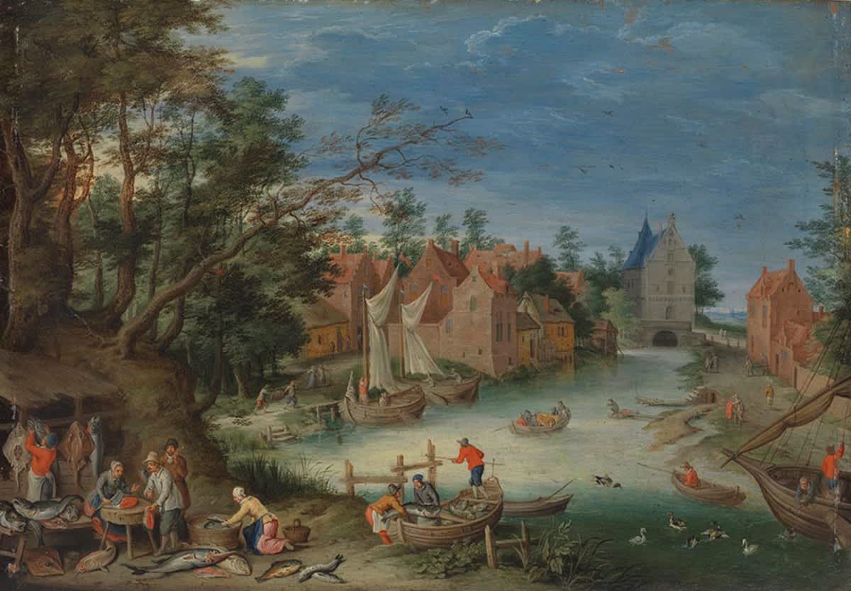 Fischverkauf am Ufer eines Kanals