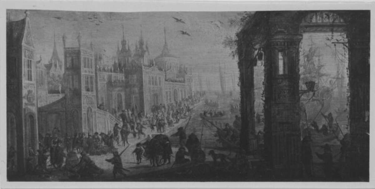 Ideale Stadtansicht mit Seehafen