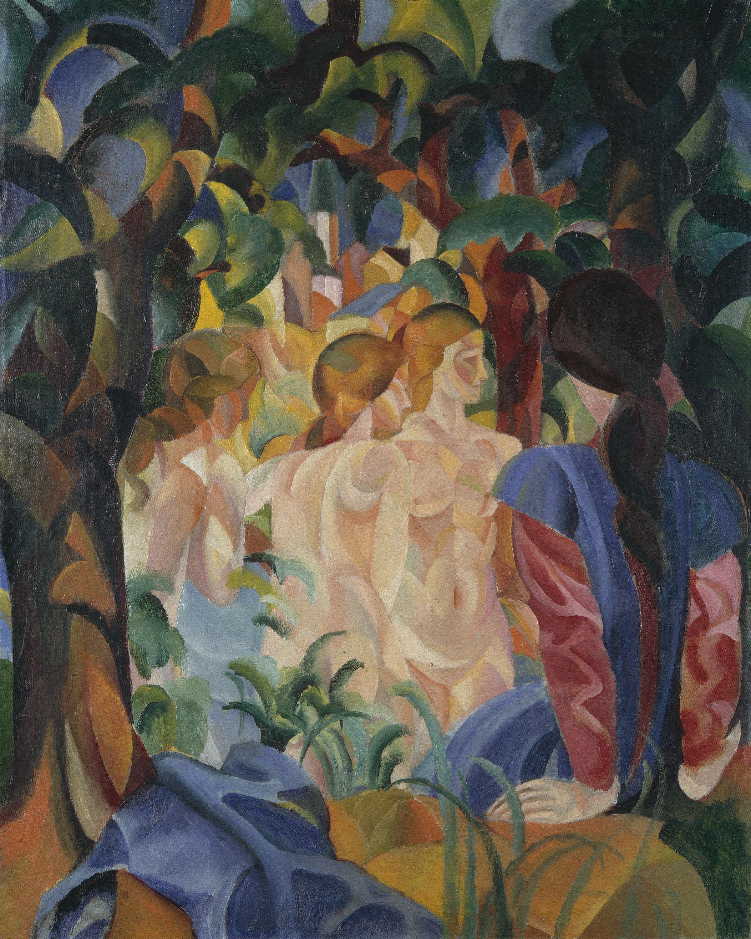 Badende Mädchen mit Stadt im Hintergrund