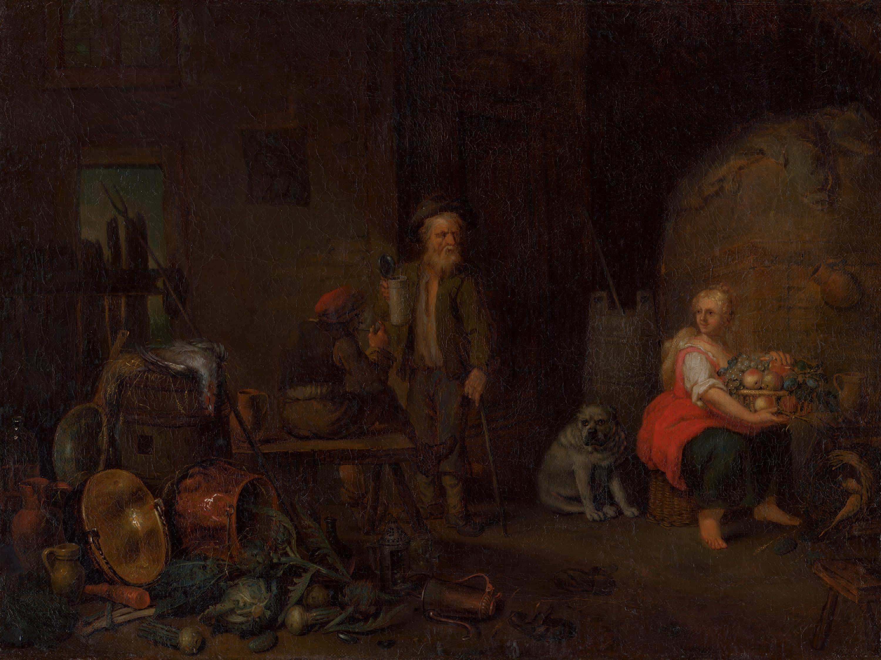 Vorratskammer mit Küchenutensilien und Frau mit Obstkorb