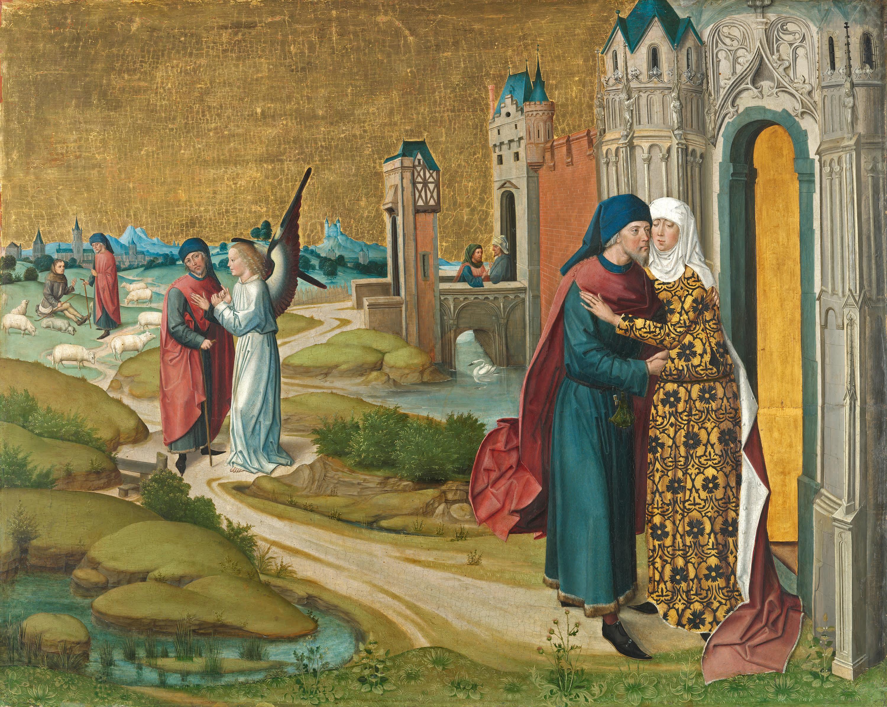 Marienleben: Joachim und Anna an der Goldenen Pforte
(Rückseite: obere Hälfte einer Kreuzigung Christi)