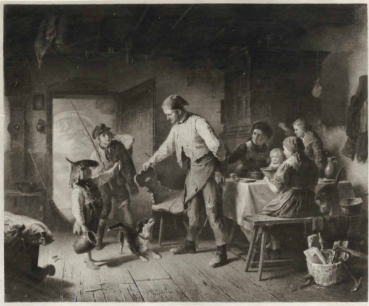 Versäumte Essenszeit (Lithographie von Christoph Preisel nach einem Gemälde von Karl von Enhuber)