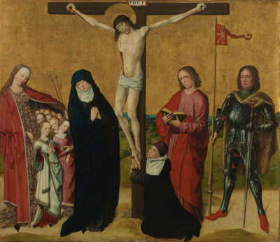 Christus am Kreuz mit den hll. Maria, Johannes Ev., Ursula, Hippolytus und dem Stifter Bernardus de Reyda