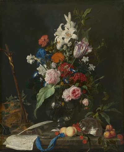 Stillleben mit Blumenstrauß, Kruzifix und Totenkopf