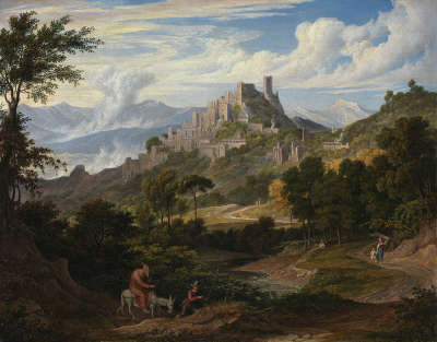 Landschaft bei Olevano mit reitendem Mönch