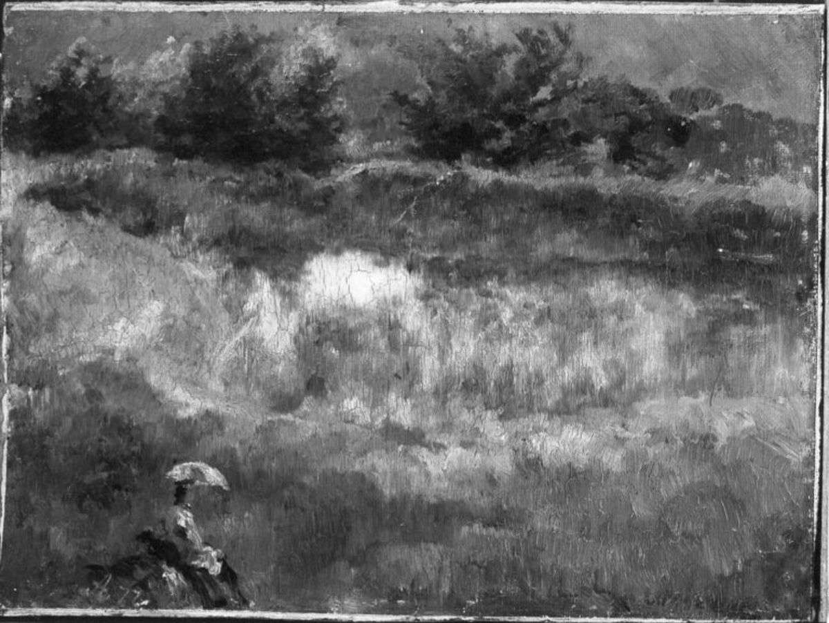 Landschaft mit Gewässer und einer Figur