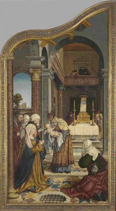 Wettenhauser Hochaltar: Darbringung im Tempel
Rückseite: ehemals Relief mit Anbetung der Hirten